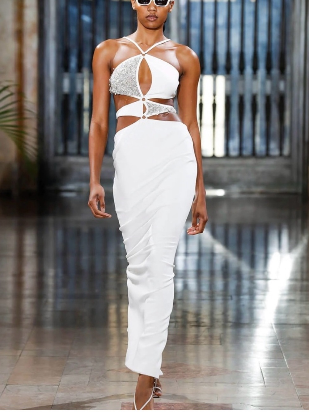 PatBO White Maxi Dress with Silver Embellished Cutouts